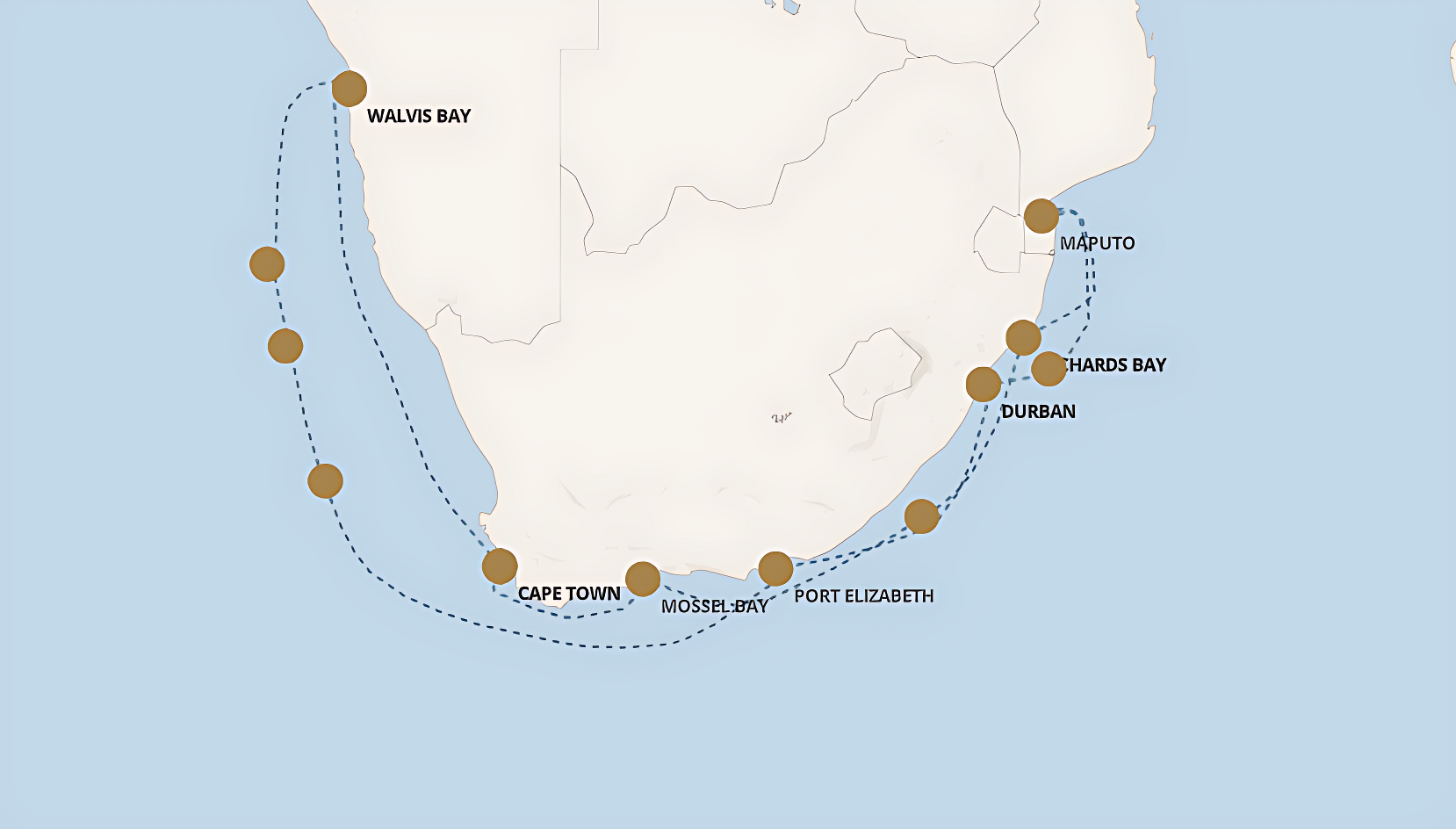 Map of the Namibian Nights & Bayside Beauty voyage route, roundtrip Cape Town